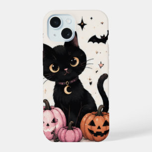Chat noir au collier Lune Citrouille Rose