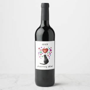 Chat noir avec Coeurs Étiquettes de vin