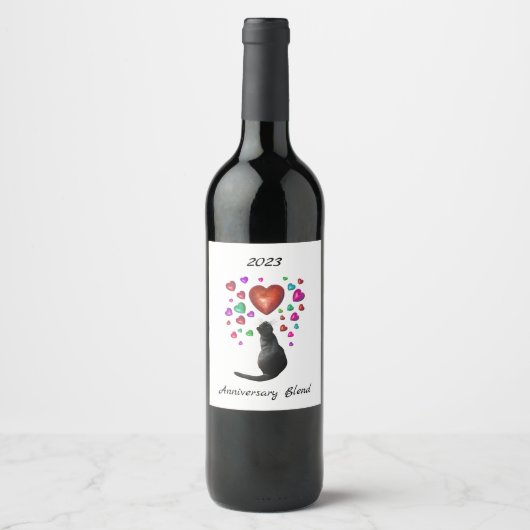 Chat noir avec Coeurs Étiquettes de vin (Devant)