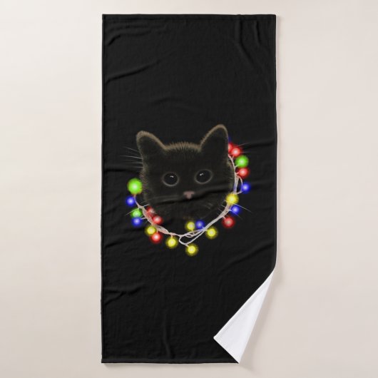 Chat noir avec lumières de Noël (Serviette de bain)