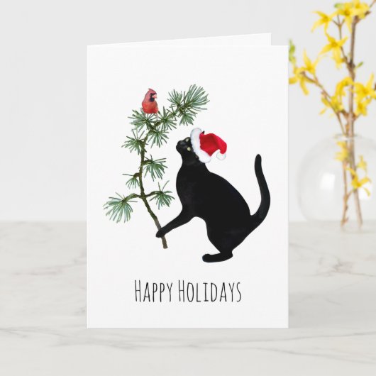 Chat noir avec Oiseau rouge dans l'arbre Carte de  (Fleur jaune)