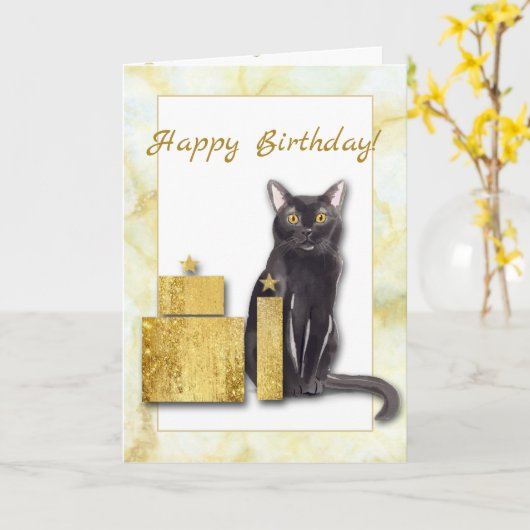Chat Noir avec Présents Carte d'Anniversaire du Ch (Fleur jaune)