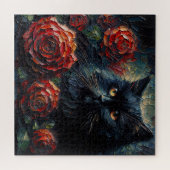 Chat Noir Avec Roses Rouges Puzzle Gothique (Horizontal)