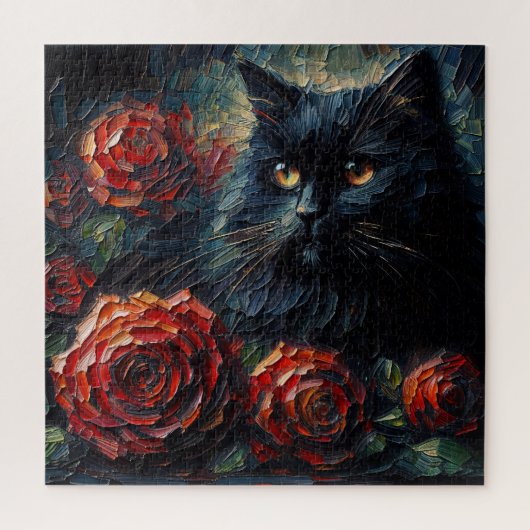 Chat Noir Avec Roses Rouges Puzzle Gothique (Vertical)