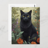 Chat Noir Carte Postale Jardin Fleur (Devant / Derrière)