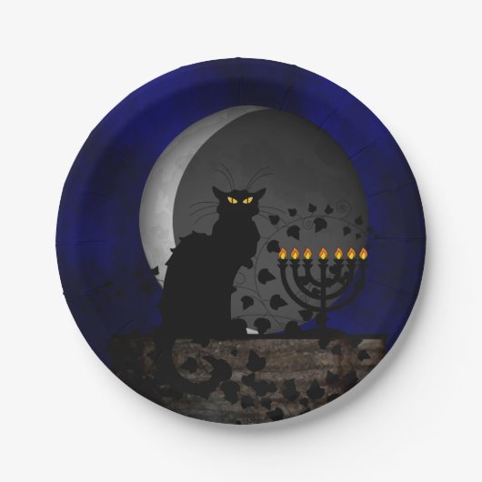 Chat Noir Chanukah met Menorah Papieren Bordje (Voorkant)