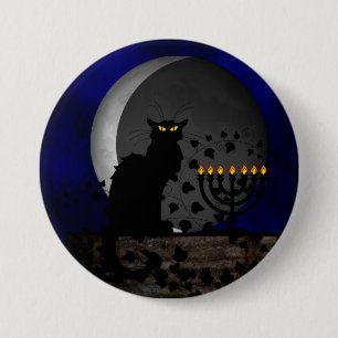 Chat Noir Chanukah met Menorah Ronde Button 7,6 Cm