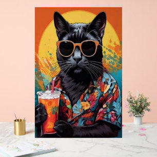 Chat Noir Cool en Chemise Hawaïenne Art Pop Rétro