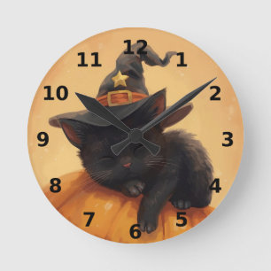 Chat noir couché Halloween Horloge murale