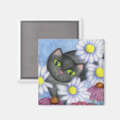 Chat Noir Dans Fleurs Magnet (Recto/Verso)