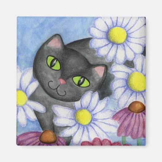 Chat Noir Dans Fleurs Magnet (Devant)