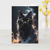 Chat noir dans une brume de fumée Carte de vœux vi (Fleur jaune)
