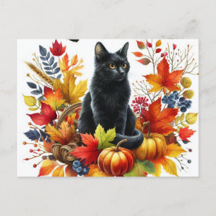 Chat noir d'automne et carte postale Feuille de sa