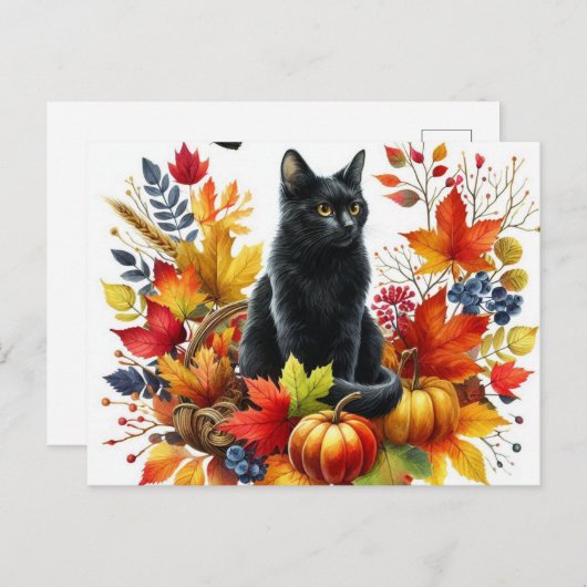 Chat noir d'automne et carte postale Feuille de sa (Devant / Derrière)