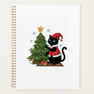 Chat noir de Noël chapeau de Père Noël arbre souri