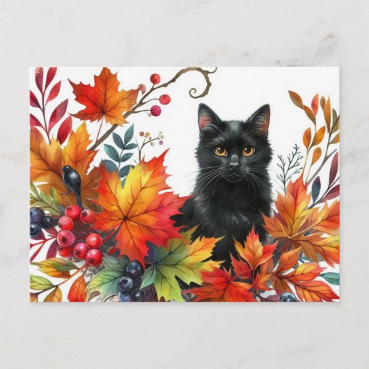 Chat noir en automne Carte postale Feuille colorée (Devant)