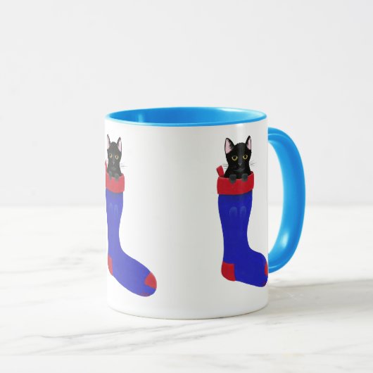 Chat noir en bleu Noël Stocking Mug (Devant droit)