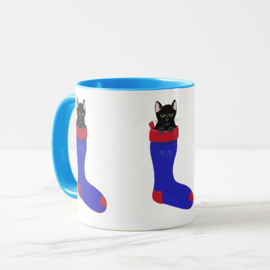 Chat noir en bleu Noël Stocking Mug (Devant gauche)