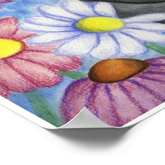 Chat noir en fleurs Poster d'art (Coin)