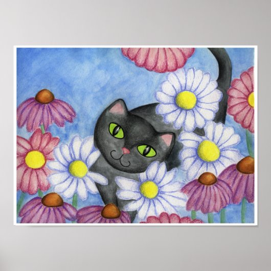 Chat noir en fleurs Poster d'art (Devant)