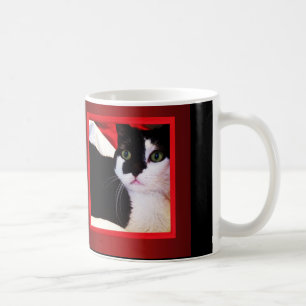 Chat noir et blanc d'amour sur la tasse rouge