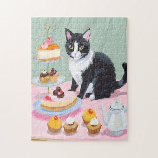 Chat noir et blanc, thé et pâtisseries Puzzle (Vertical)