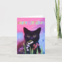 CHAT NOIR ET FLEURS CARTE D'ANNIVERSAIRE