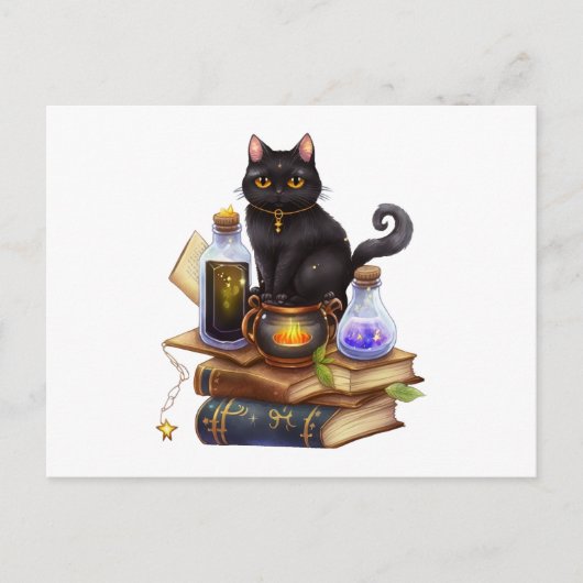 Chat noir et fournitures magiques Carte postale (Devant)