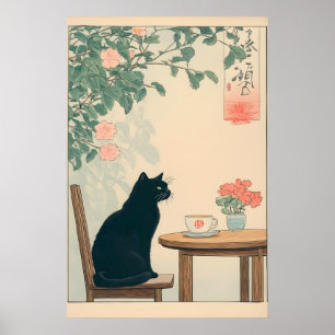 Chat Noir Et Impression Café Ukiyo-e Art Japandi