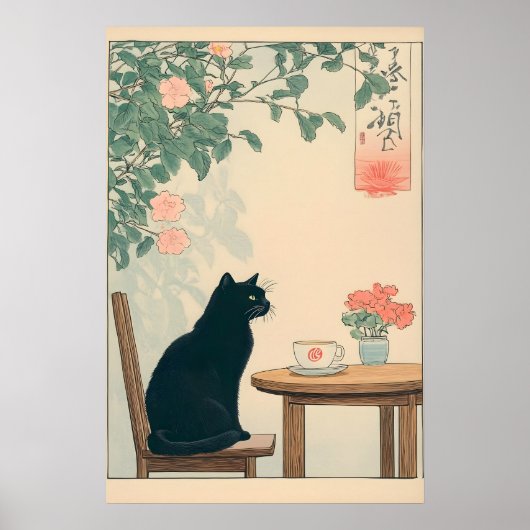 Chat Noir Et Impression Café Ukiyo-e Art Japandi (Devant)