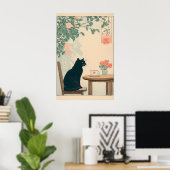 Chat Noir Et Impression Café Ukiyo-e Art Japandi (Bureau à domicile)