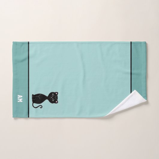 Chat noir et monogramme sur bleu clair (Serviette à main)