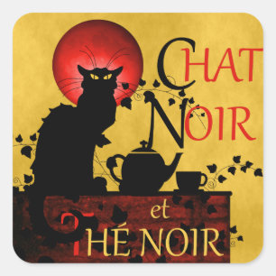 Chat Noir et Thé Noir, Black Cat Black Tea Vierkante Sticker