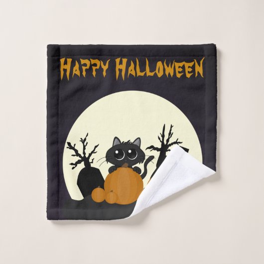 Chat noir Halloween avec Citrouilles dans un cimet (Gant de toilette)