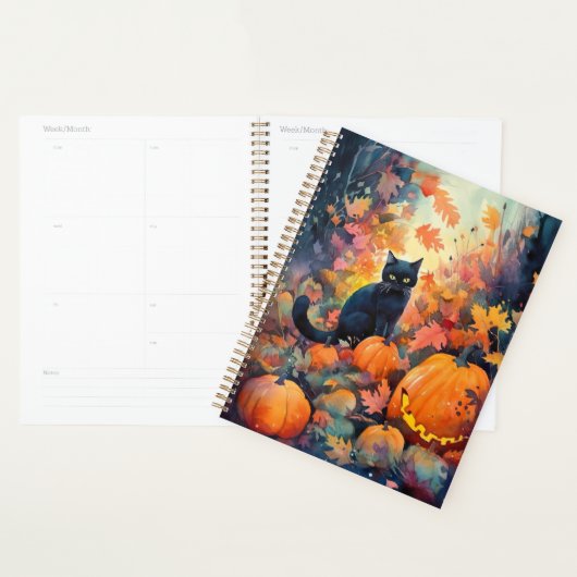 Chat noir Halloween avec citrouilles effrayantes (Devant avec enveloppe)