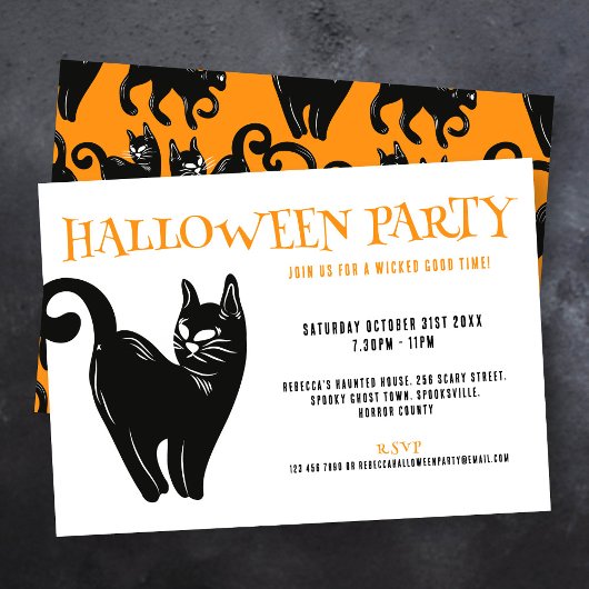 Chat noir Halloween Orange Party Invitation