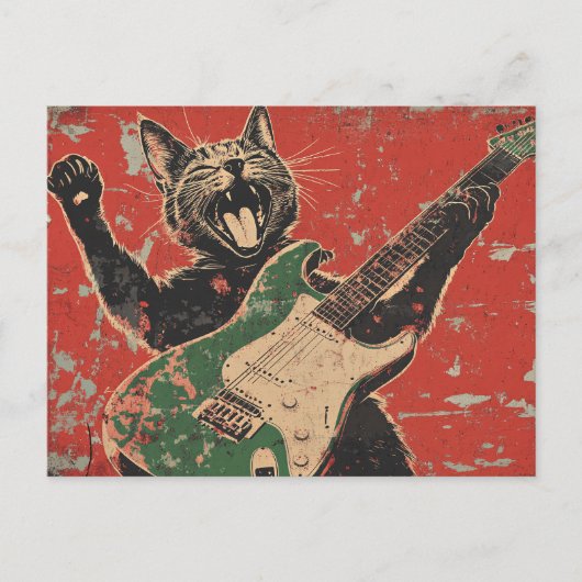 CHAT NOIR JOUER CARTE POSTALE GUITARE (Devant)