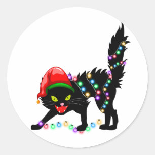Chat noir lumières de Noël Sticker rond classique