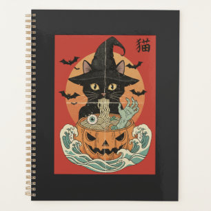 Chat noir mange du ramen japonais pour Halloween