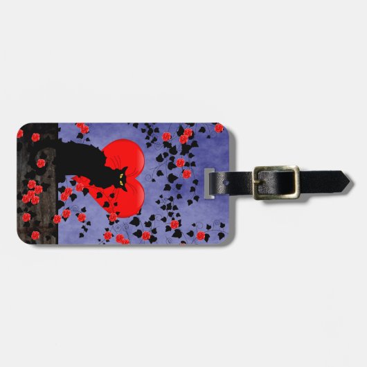 Chat Noir met Red Roses Heart Bagagelabel (Voorkant horizontaal)