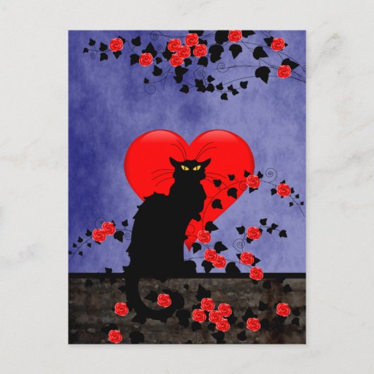 Chat Noir met rode rozen Briefkaart (Voorkant)