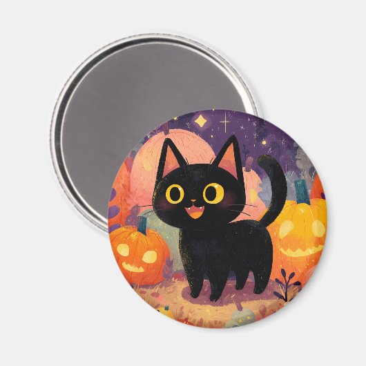 Chat noir mignon avec Jack-o-Lanterns - Aimant (Recto/Verso)