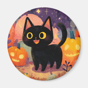 Chat noir mignon avec Jack-o-Lanterns - Aimant