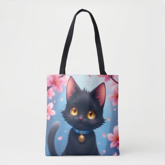Chat noir mignon avec Sac fourre-tout Sakura Flowe (Devant)