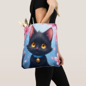 Chat noir mignon avec Sac fourre-tout Sakura Flowe (De près)