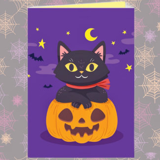 Chat noir mignon dans la carte d'Halloween Citroui
