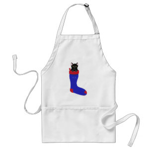 Chat noir mignon en Bleu Tablier de Noël