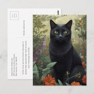 Chat noir mystique dans le jardin carte postale