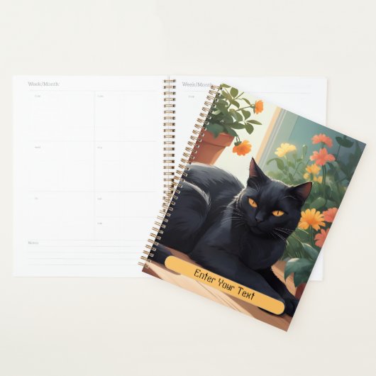 Chat noir personnalisé avec fleurs en pot (Devant avec enveloppe)