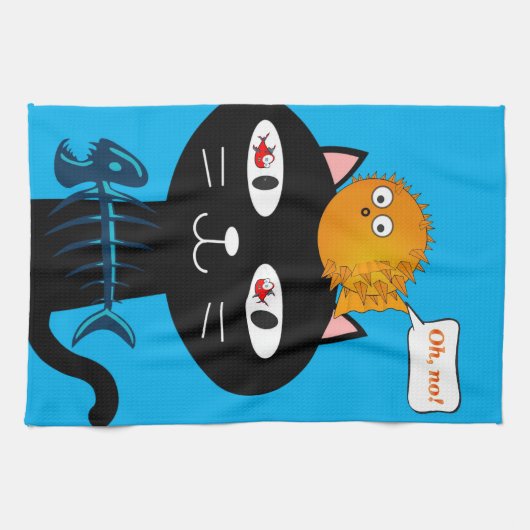Chat Noir Poisson Bones Cuisine Serviette à main (Horizontal)